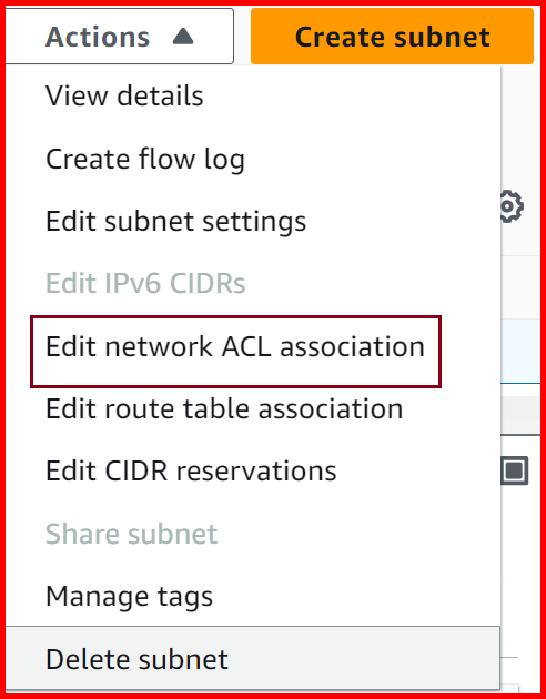 Picture showing the Edit network ACL association option for changing the network ACL association